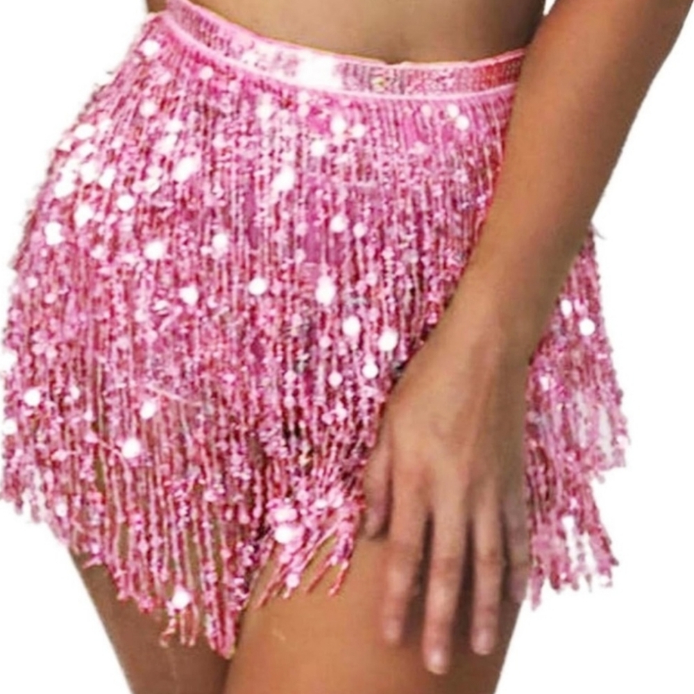 Iridescent Pink Sequin Fringe Wrap Skirt with Tassels One Size